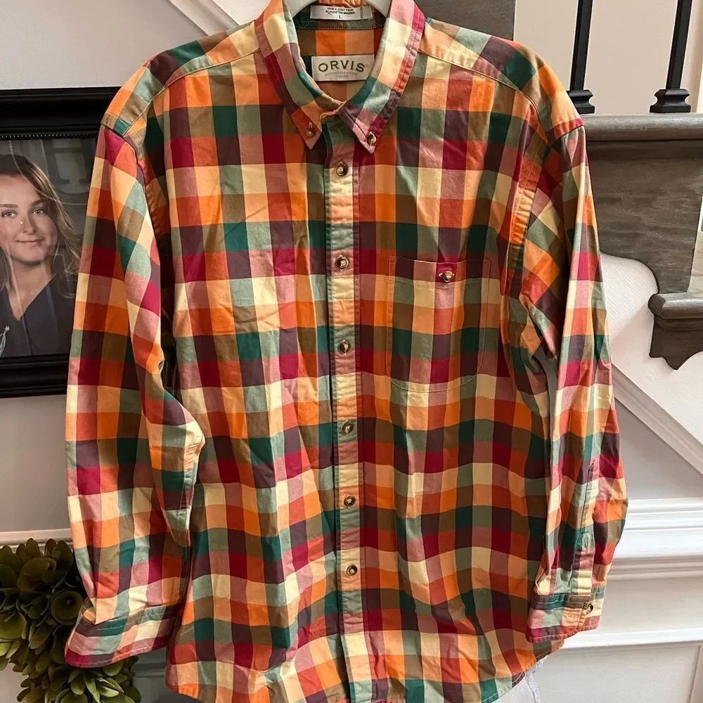 Orvis Orange & Green Plaids Fall Button Down Shirt sz L EUC